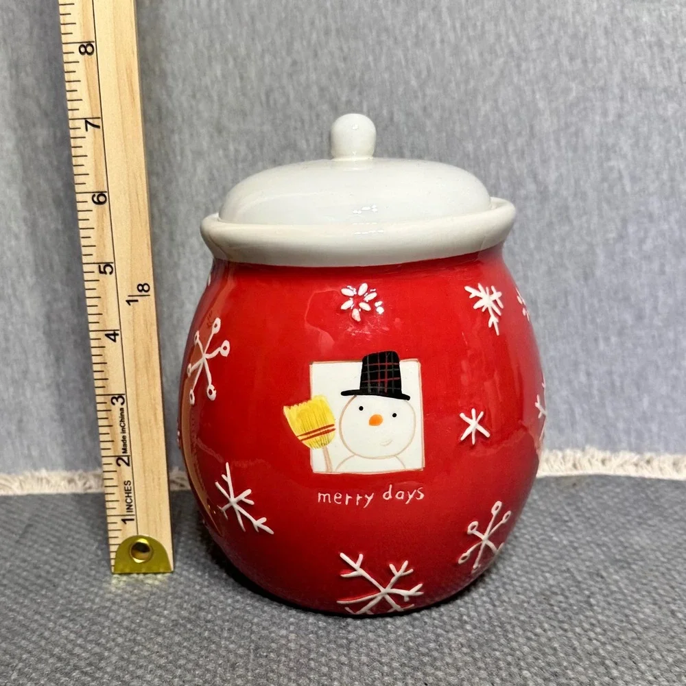 Hallmark Snowman Merry Days Red Ceramic Holiday Cookie Jar Snowflake Christmas
